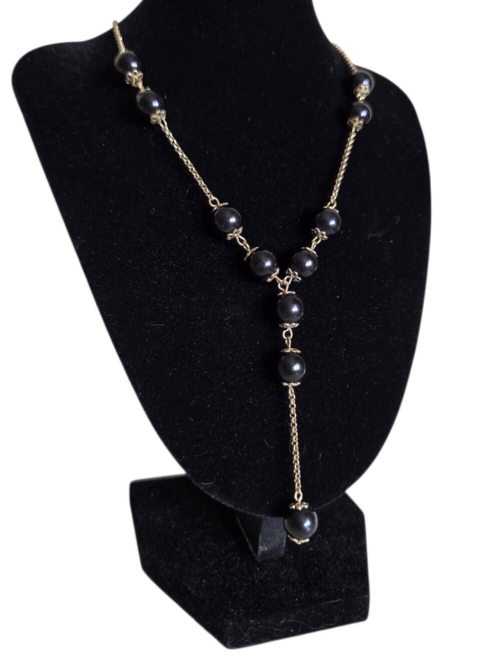 vintage black pearl y necklace lariat drop gold tone filigree cap bead chain 20"